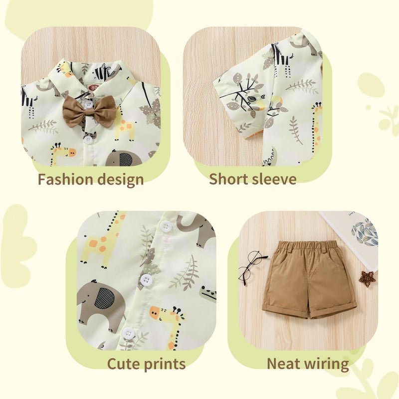 JEELLIGULAR Toddler Baby Boy Summer Clothes Short Sleeve Button Down Shirt Shorts Set Gentlemen Casual Outfits 1-6 Years (Animal Print & Khaki, 12-18M) - Image 4